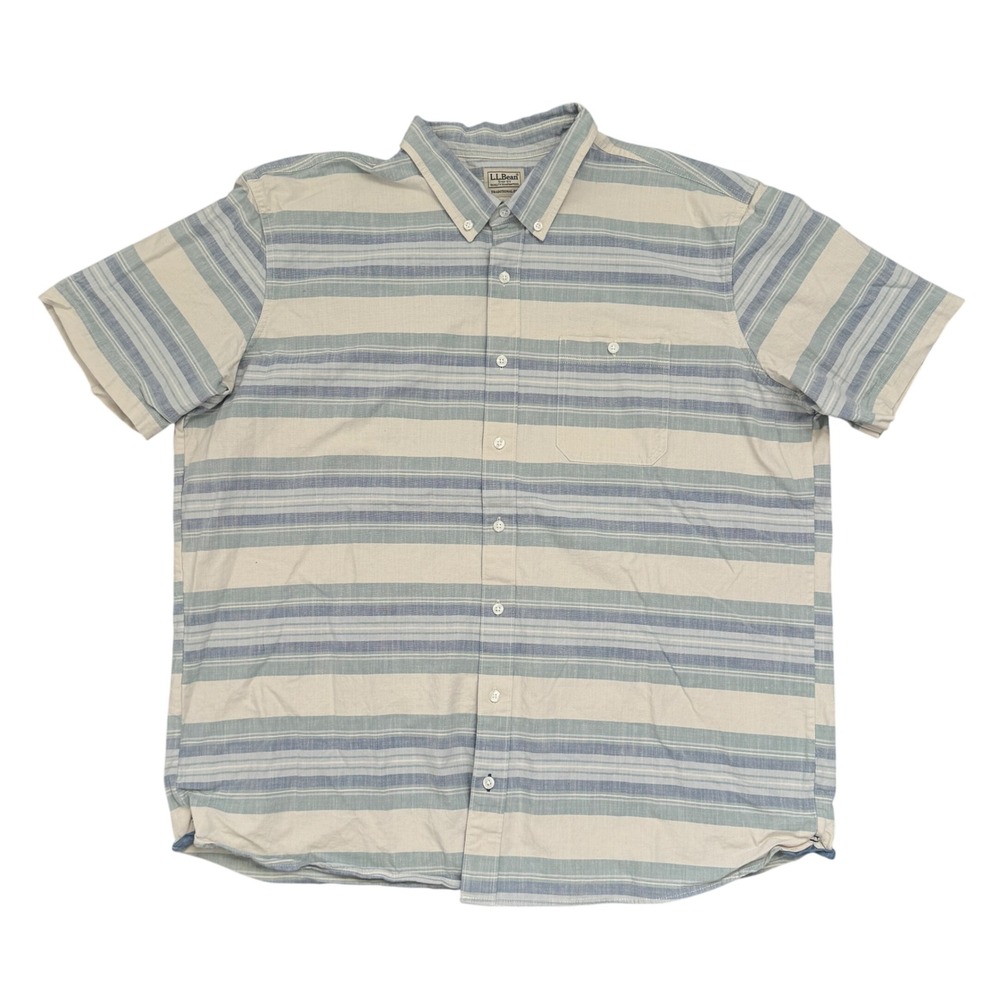 LL Bean Mens XL Tall Blue White Striped Short Sleeve Button Down Shirt 514047